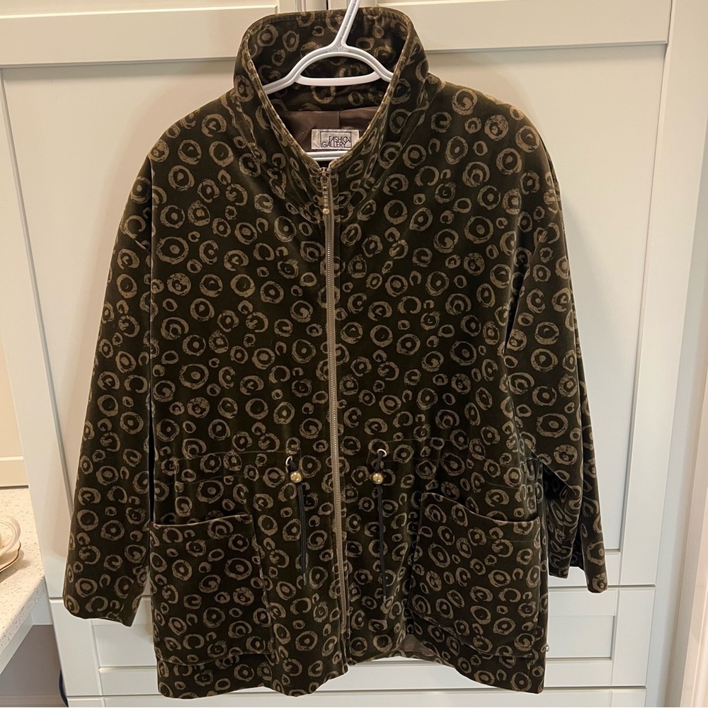 Vintage FASHION GALLERY Velvet Fabric Dark Khaki Green Circle Patterned Jacket